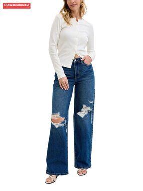 High Waist Rigid Magic Column Straight Leg Destructed Jeans 33" Inseam